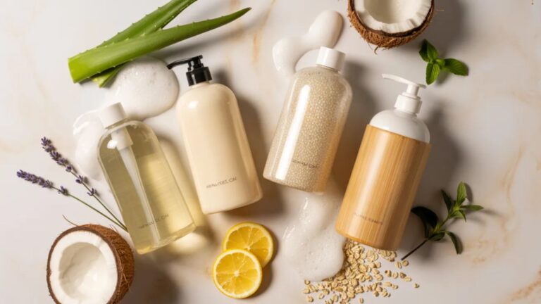A collection of natural skin care products displayed on a wooden surface, showcasing various bottles and jars.