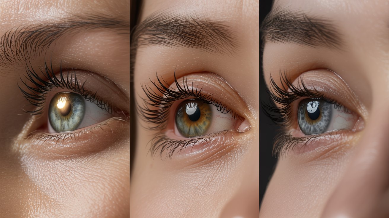 Three close-up images showcasing a woman's eyes, highlighting different eyelash styles and eye expressions.