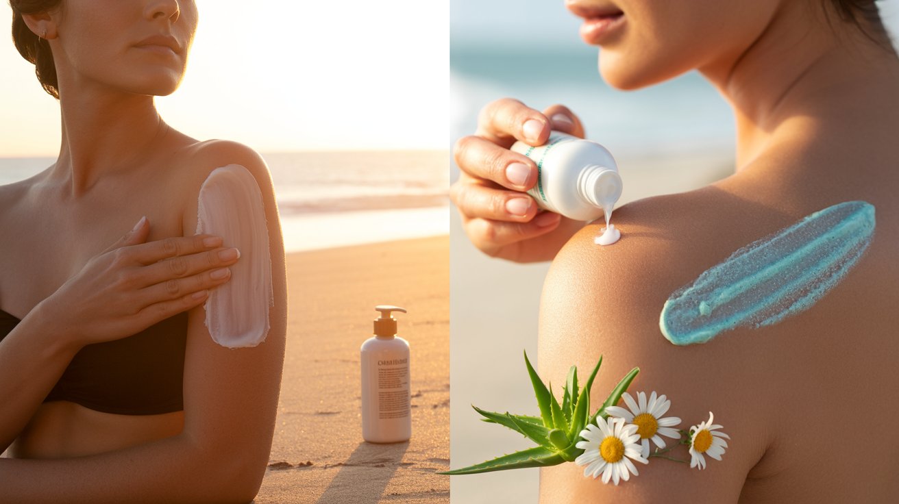 A woman applying sunscreen lotion on her back, preparing for sun exposure.