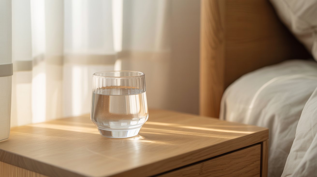 A clear glass of water resting on a wooden nightstand in a softly lit room.