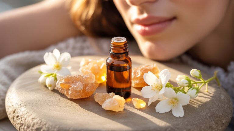 A woman reclines on a stone, beside a bottle of frankincense essential oil, enjoying a moment of relaxation.