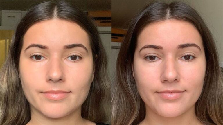 Two women of different skin tones, showcasing their transformation before and after applying makeup.