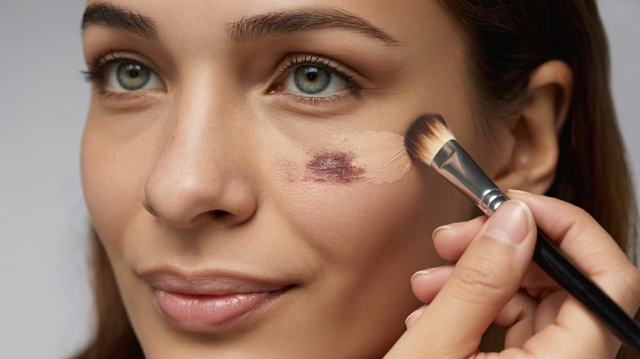 A woman carefully applying makeup to her face, using a brush to enhance her features in a well-lit setting.