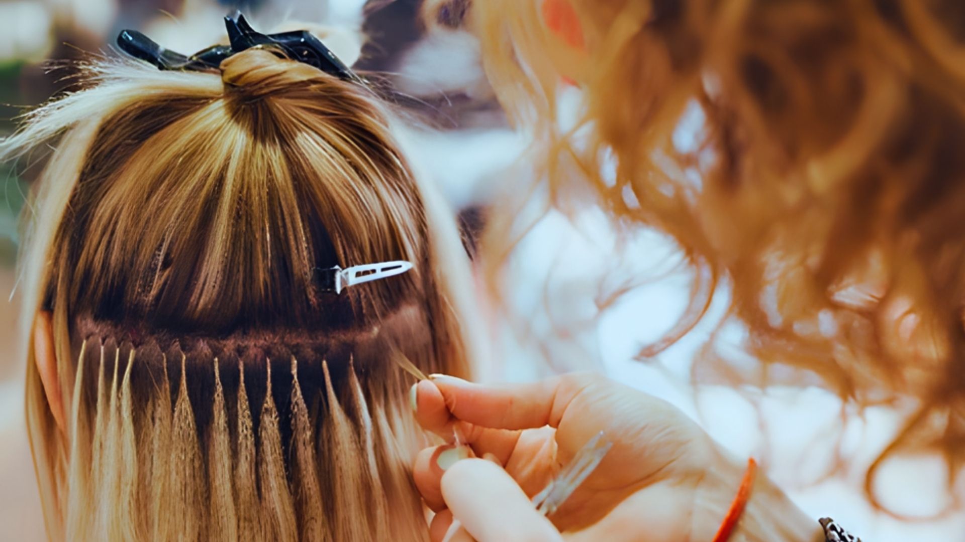 A stylist applies I-tips hair extensions to a woman's hair, showcasing a professional hair styling session.