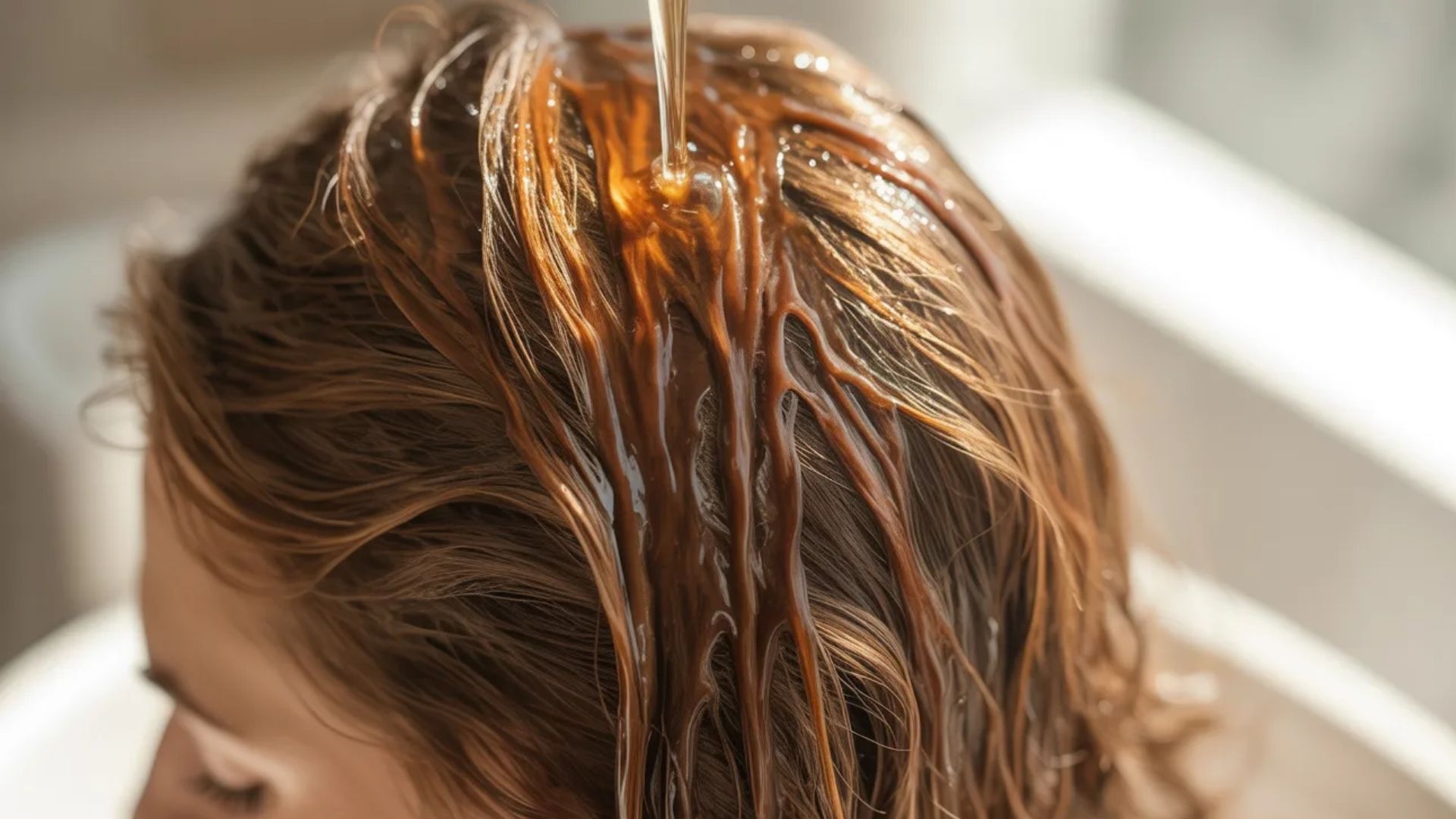A woman relaxes as her hair is washed with a rich brown liquid in a salon setting.