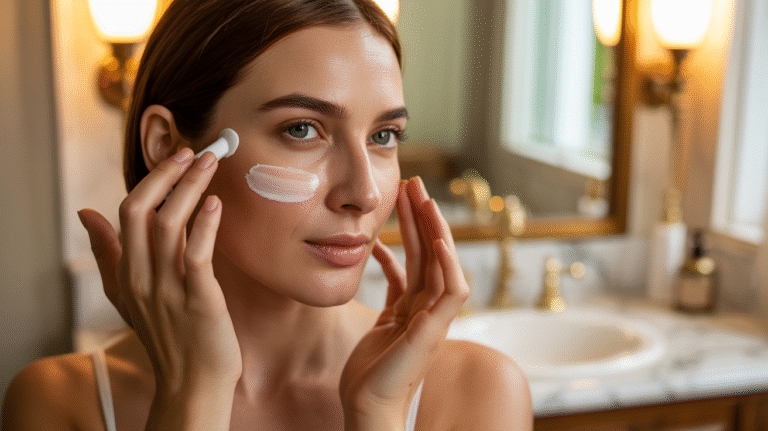 A woman gently applies cream to her face, focusing on skincare and self-care routines.