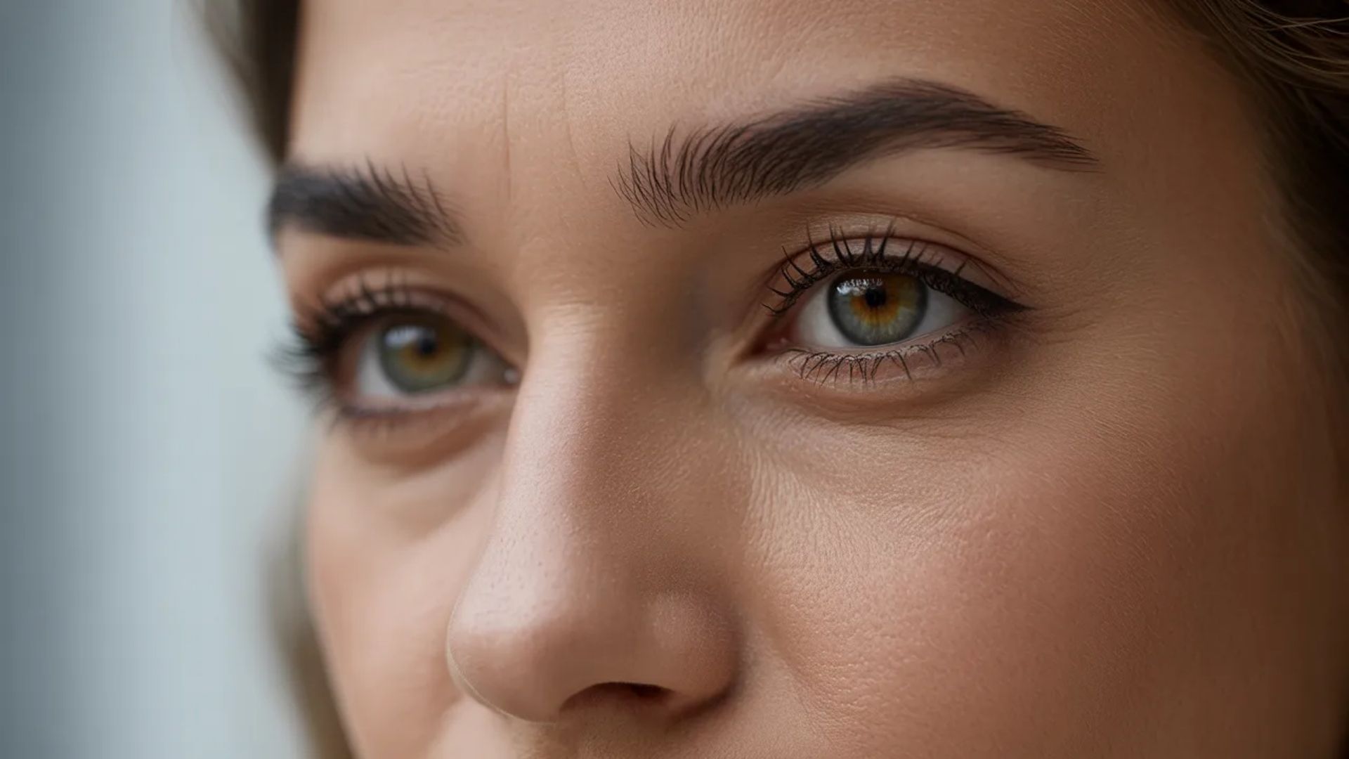3. Close-up of a woman's face highlighting her expressive brown eyes and smooth skin.