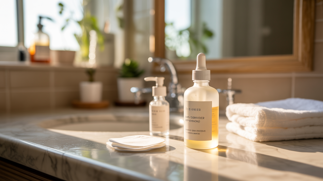 A bathroom counter featuring a bottle of body wash next to a neatly folded towel.