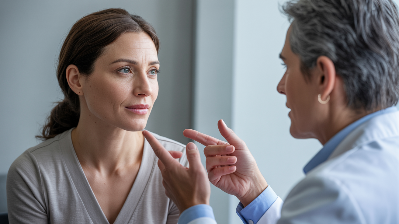 A woman discusses her health concerns with a doctor in a clinical setting