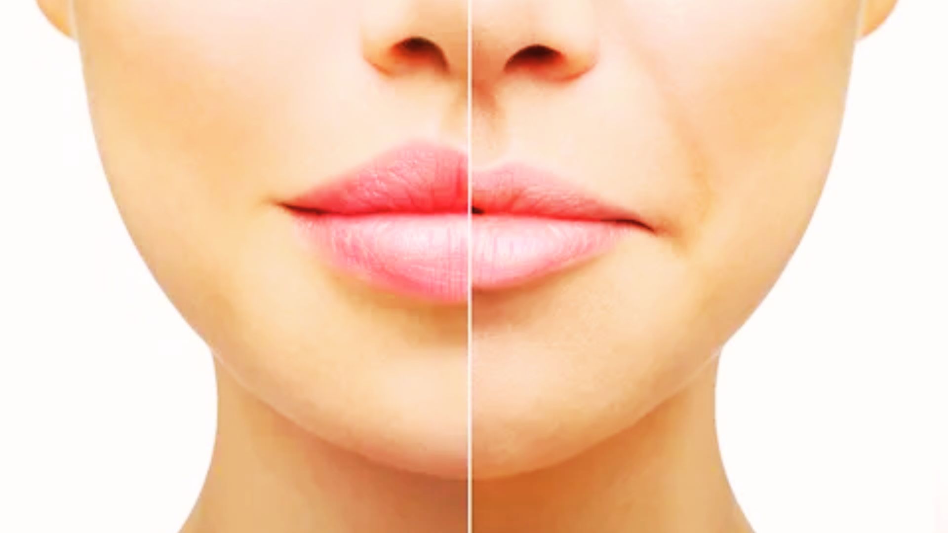 A woman's face shown before and after receiving lip fillers, highlighting the enhanced fullness of her lips.