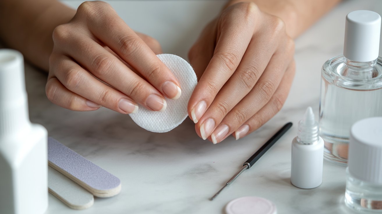 A woman's hands hold a sponge and a bottle of nail polish, preparing for a manicure or nail art application.