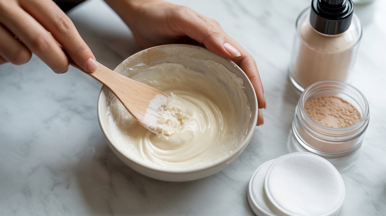 A woman mixes cream into a bowl, focused on blending the ingredients thoroughly.