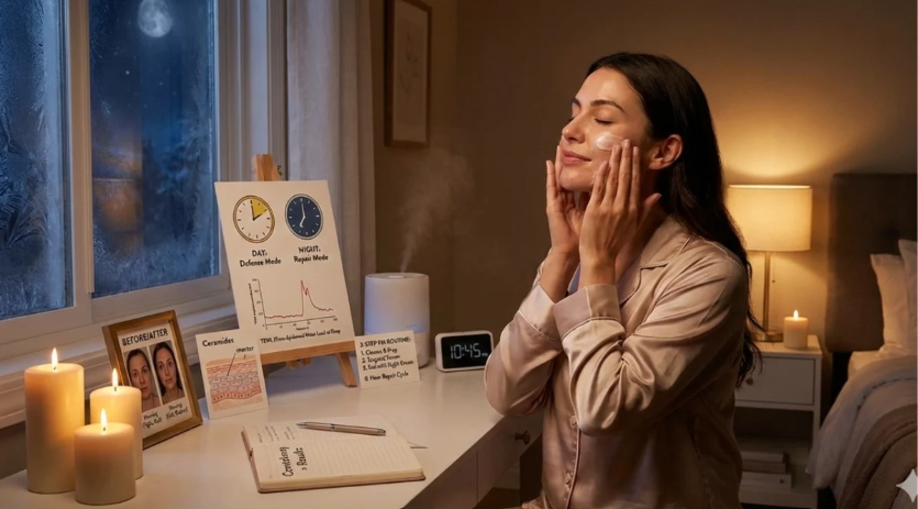 A woman in pajamas is seated on a bed, using her phone, highlighting overnight care for extremities.