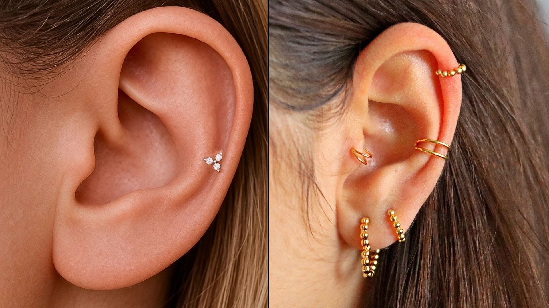A woman is featured in two images, displaying her unique ear piercings in different styles and angles.