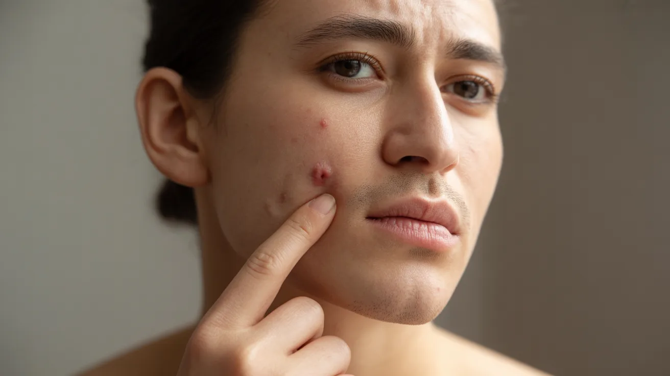 A man with acne on his face, contemplating the effects of alcohol on skin health