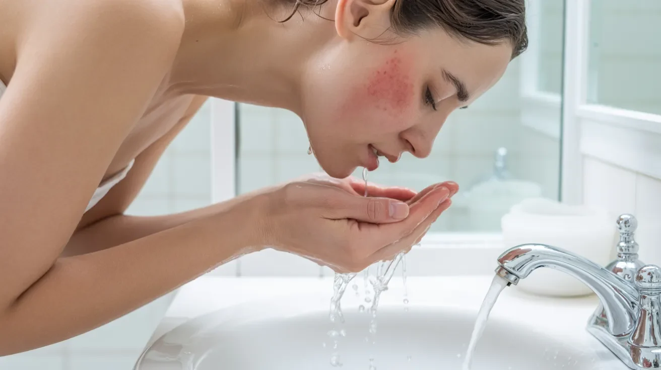 A woman gently washes her face with water, addressing a burn on her skin.