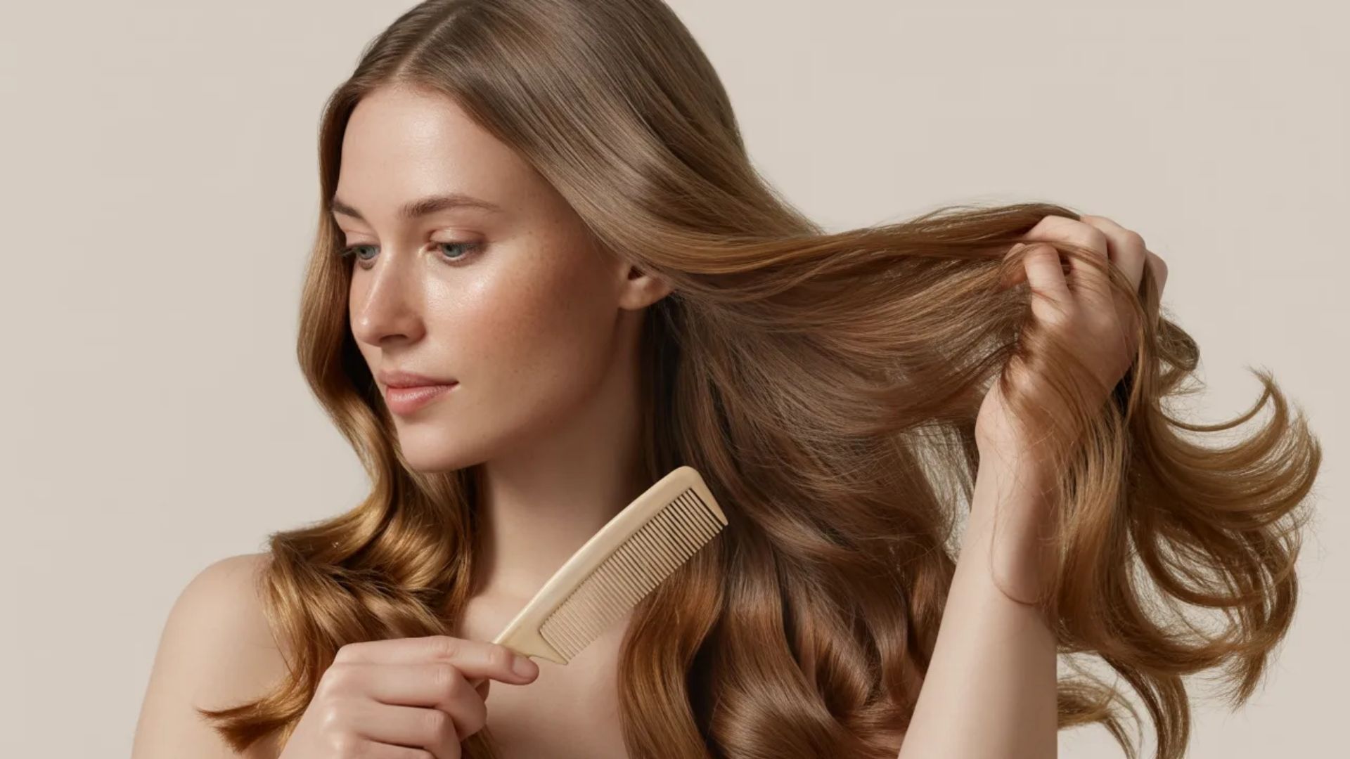 A woman gently brushing her hair with a comb, showcasing her long, flowing locks.