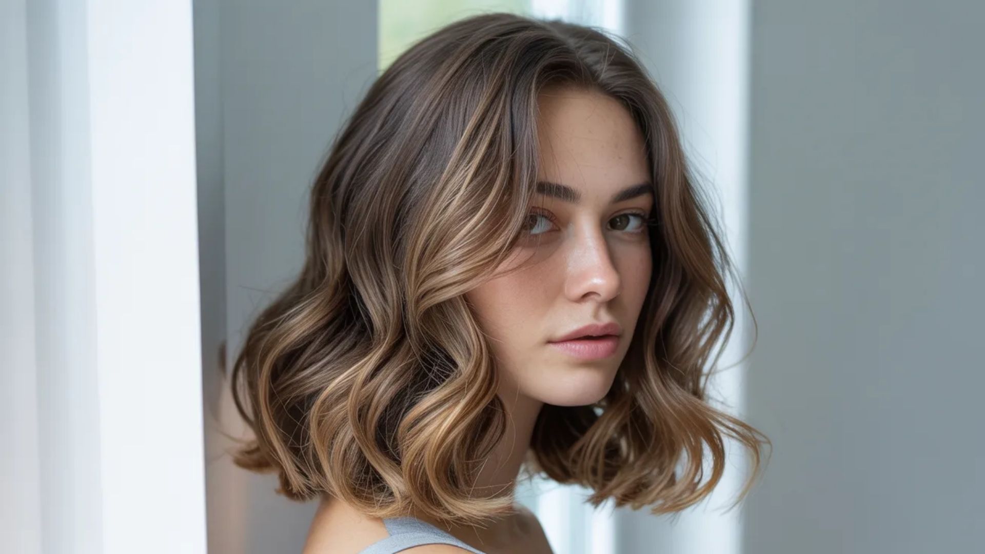 A woman with wavy hair wearing a gray top, looking confidently at the camera.
