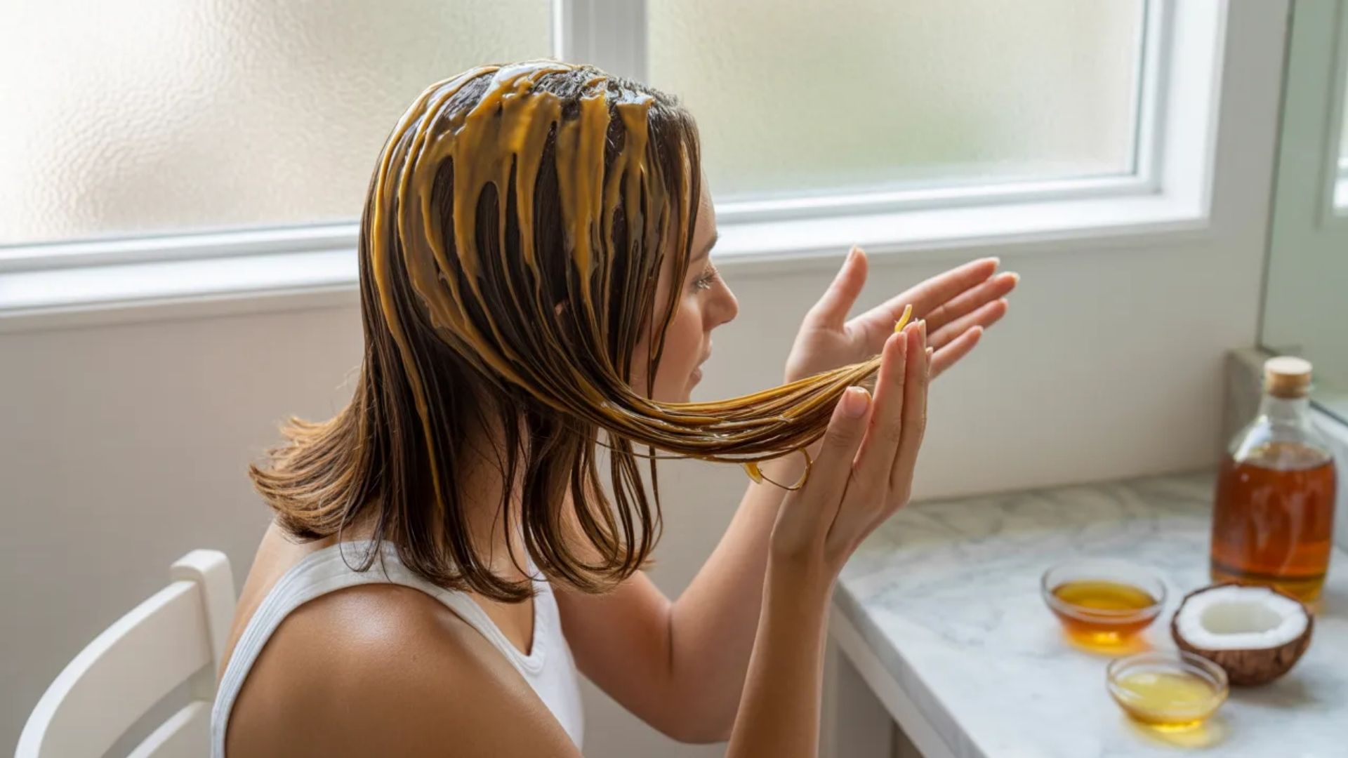 A woman washes her hair with a mixture of ACV and honey, showcasing a natural hair treatment for nourishment and shine.