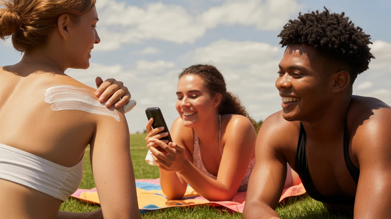 Three people sit on the grass; a woman is focused on her cell phone while the others engage in conversation.
