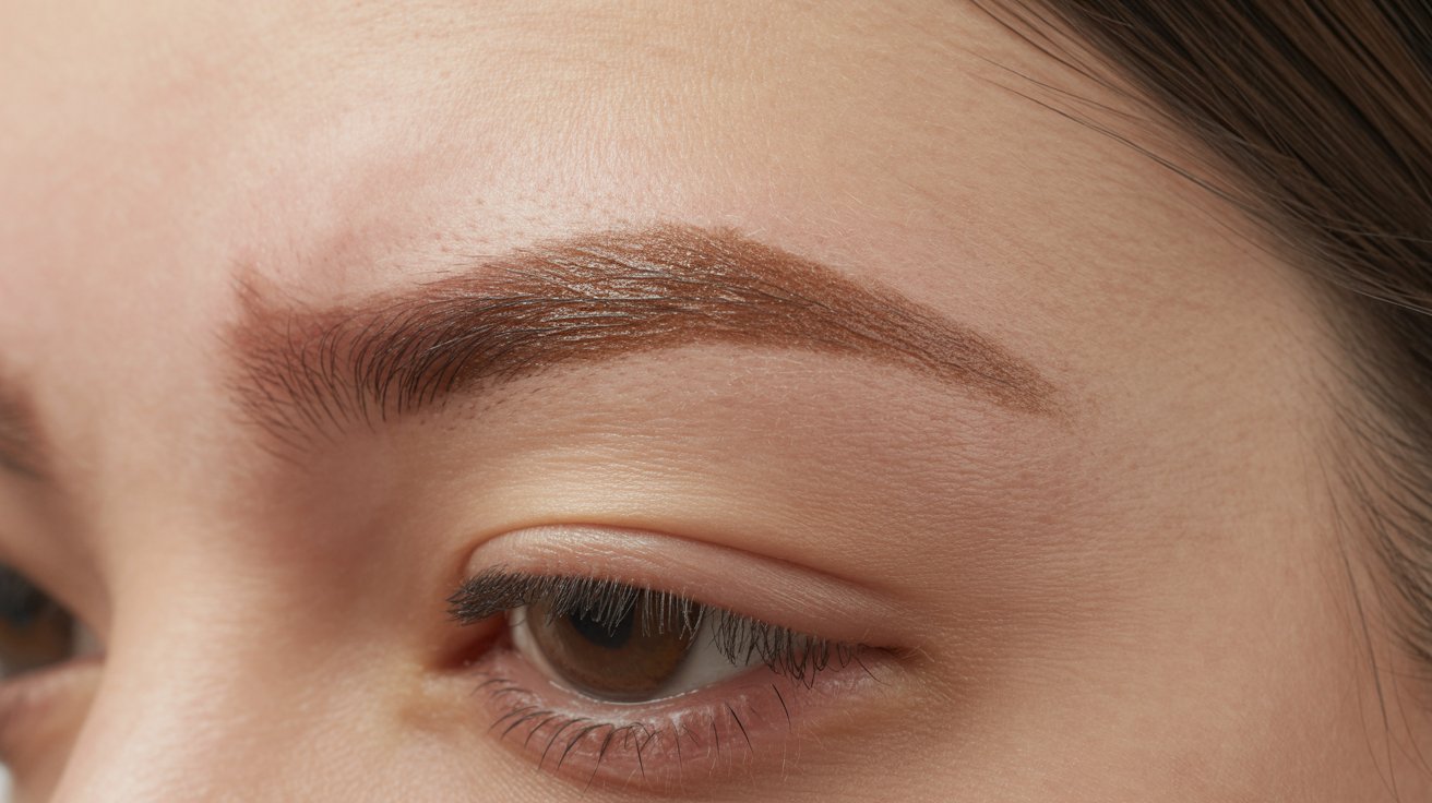 Close-up of a woman's face highlighting her features, including a prominent brown eyebrow.