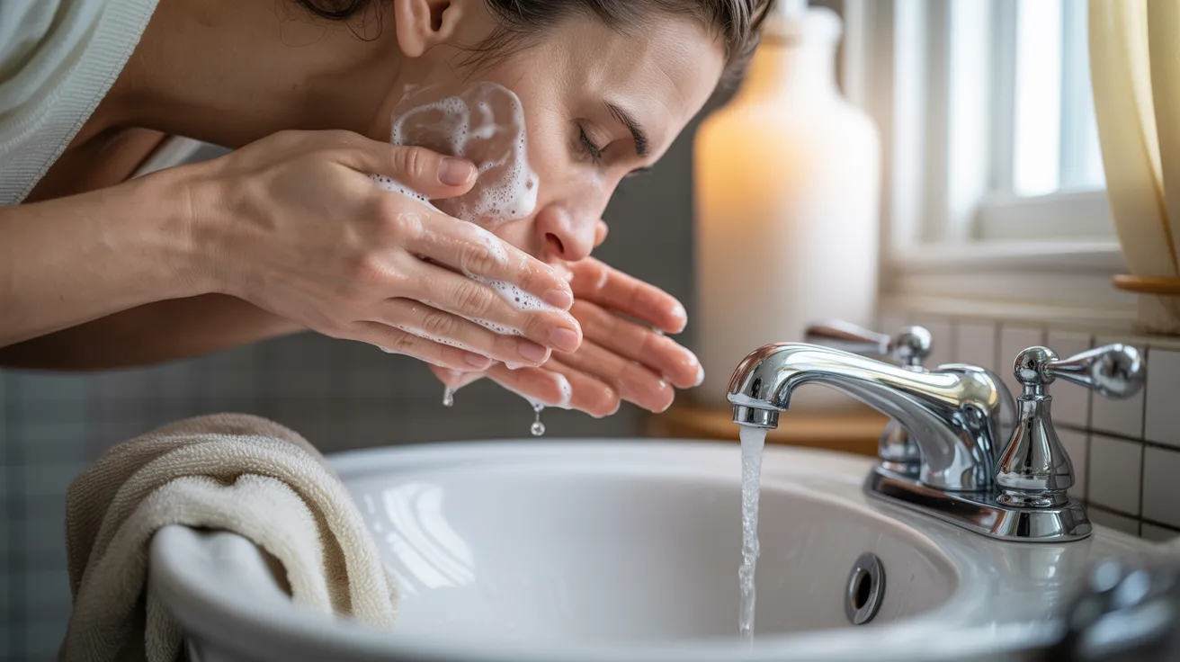 A woman is washing her face at a bathroom sink, with water splashing gently around her.