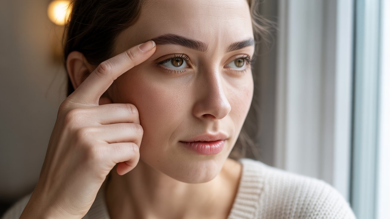 A woman examines her eye while resting her forehead on her hand, displaying a thoughtful expression.