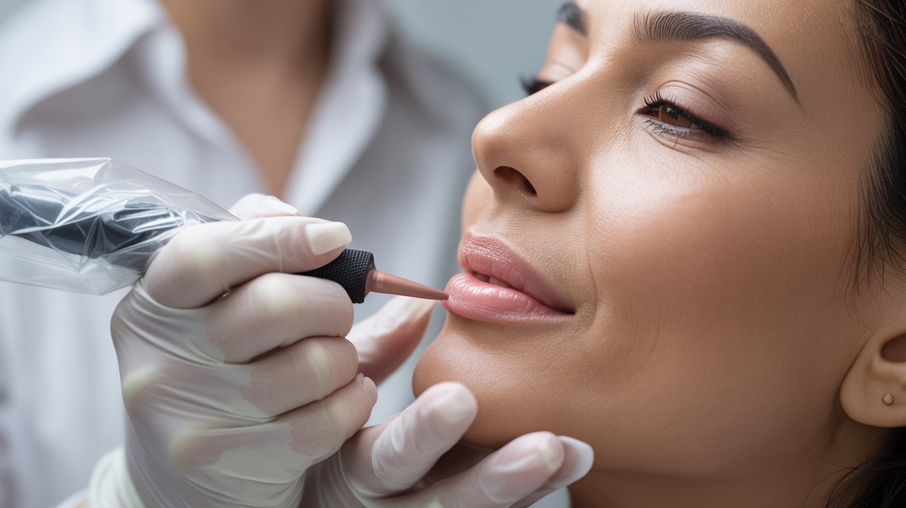 A woman undergoing a cosmetic lip procedure with a machine, focused on increasing lip volume.