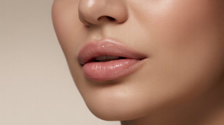 Close-up of a woman's lips, showcasing their natural color and texture against a soft background.