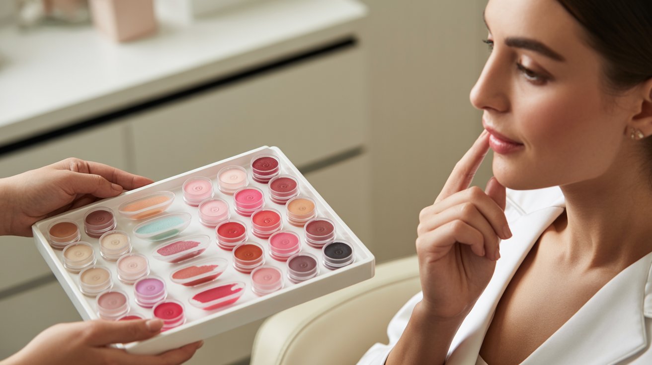 A woman holds a colorful box of lipsticks, showcasing various shades and styles for makeup enthusiasts.