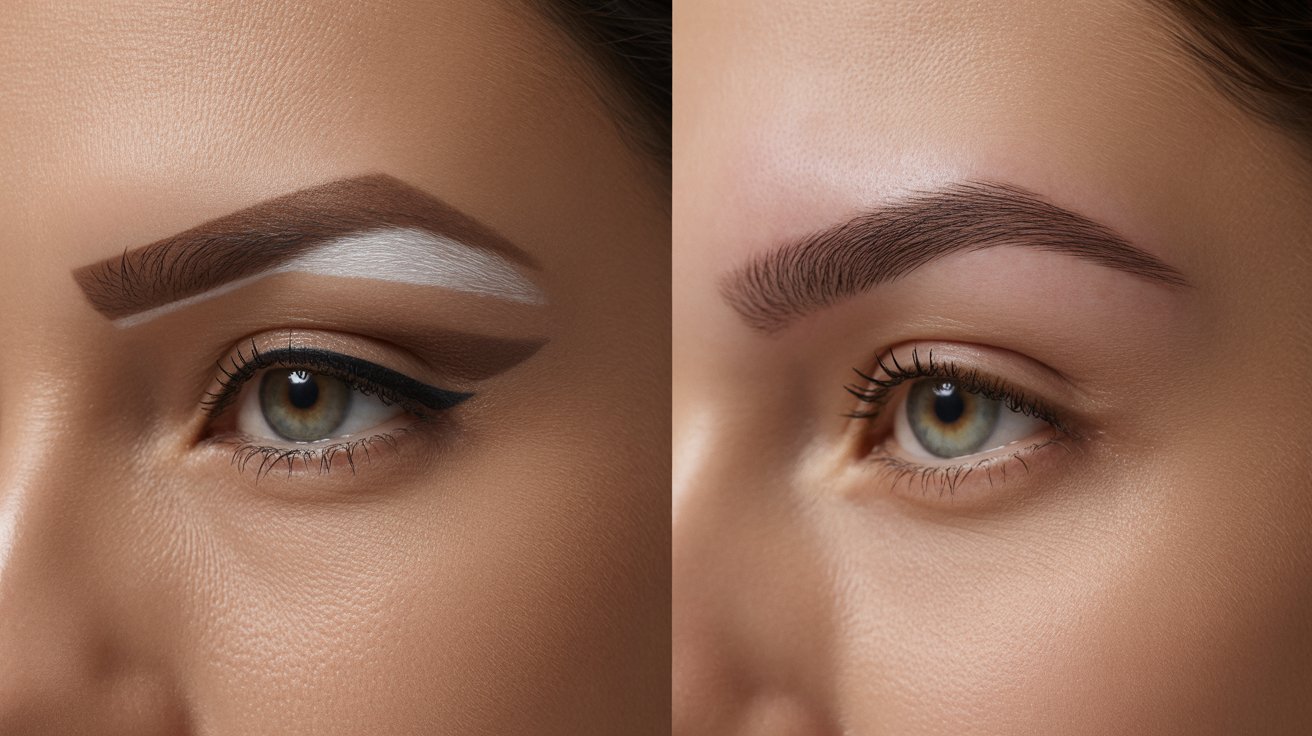 A side-by-side comparison of a woman's eyebrows before and after makeup application, showcasing enhanced shape and definition.