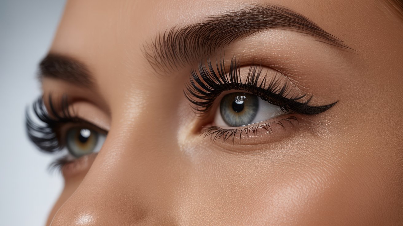 Close-up of a woman's eye showcasing long, elegant eyelashes against a soft, blurred background.