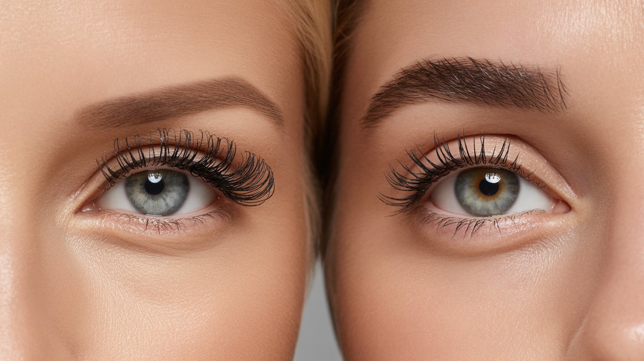 Two women with long eyelashes and well-defined eyebrows, smiling and engaging with each other in a friendly manner.