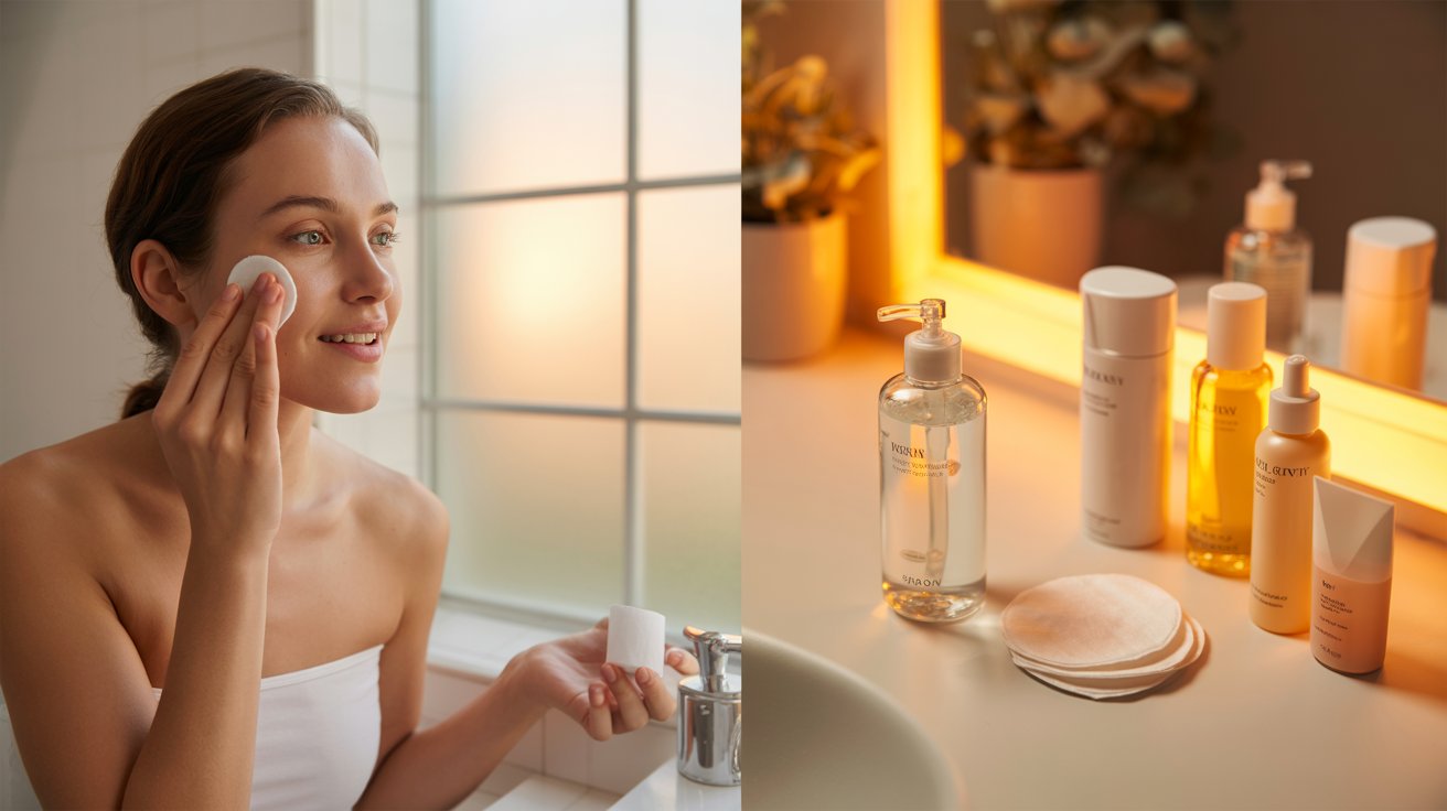 A woman applies skin care products while looking into a mirror, focusing on her beauty routine.