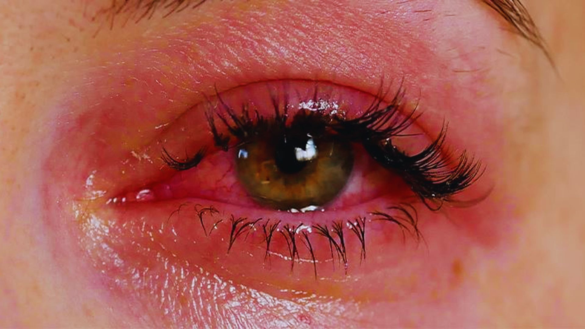 A woman with striking red eyes and one pink eye, gazing directly at the viewer with an intense expression.