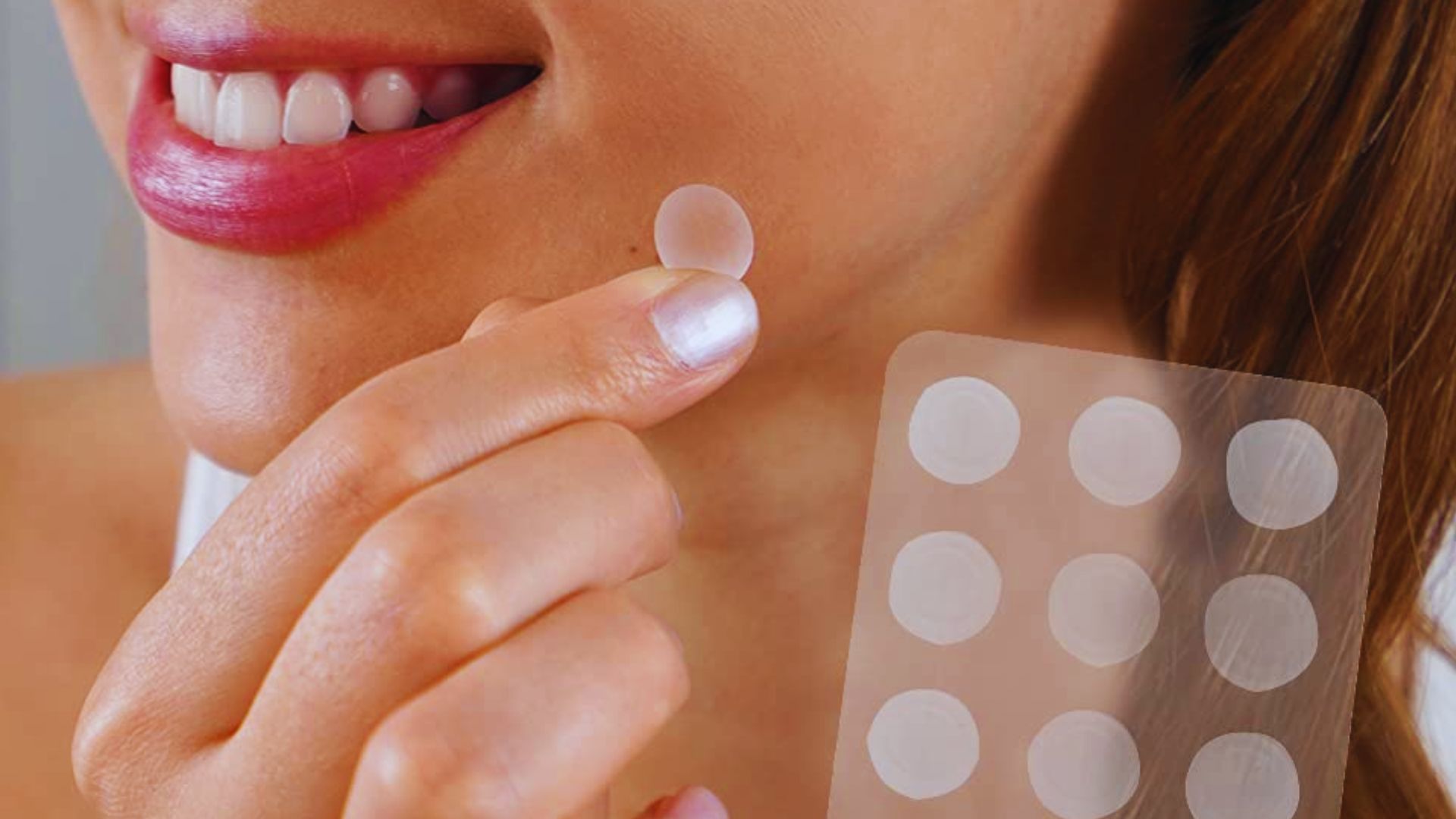A woman carefully placing a pimple patch on her skin, illustrating the proper sequence in a skincare routine.