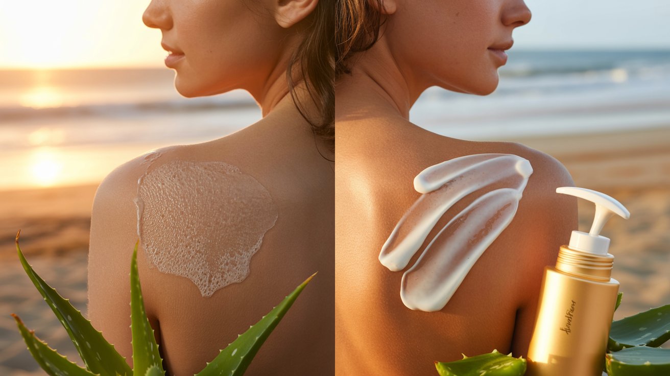 Two images of a woman applying aloe vera lotion on her back, highlighting its soothing properties for skin care.