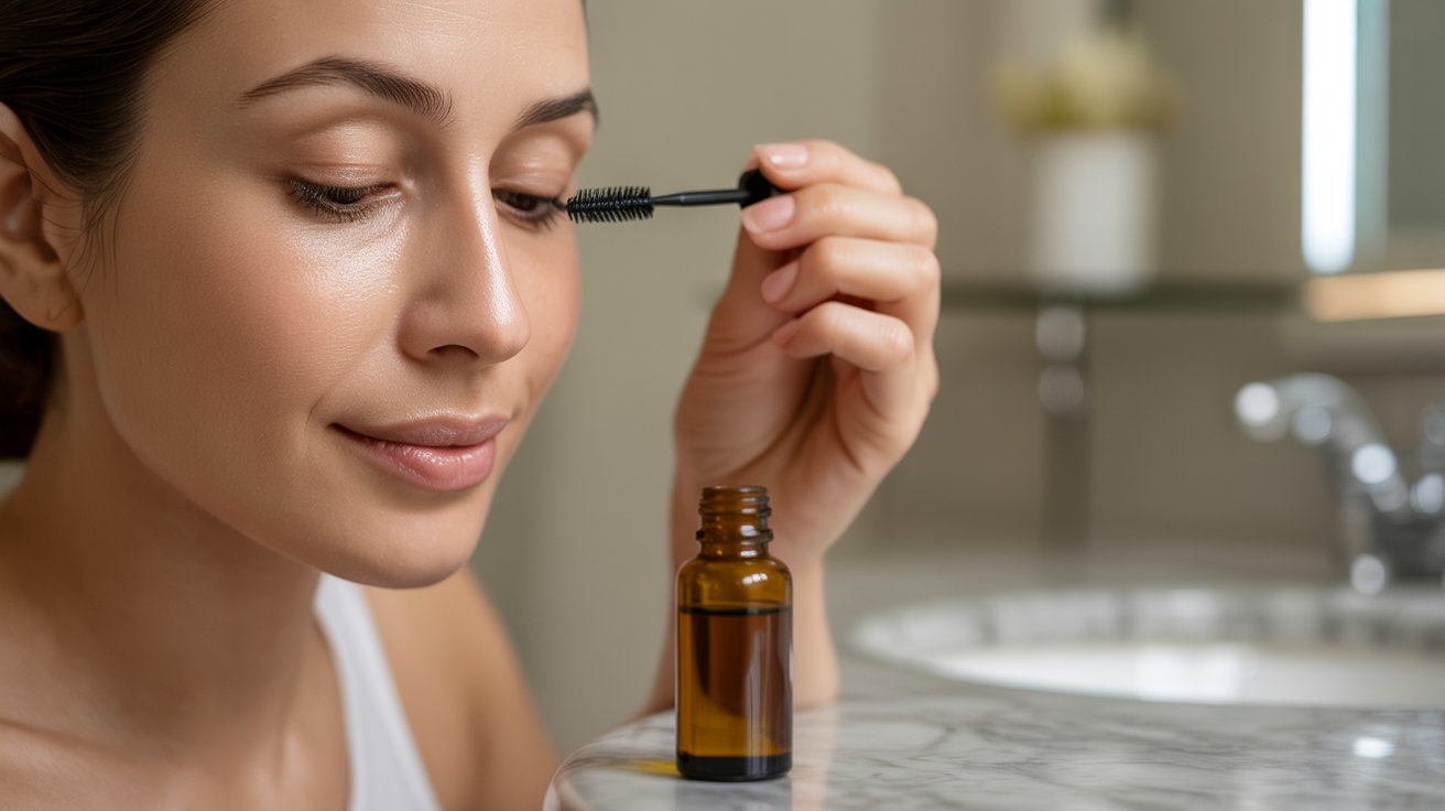 A woman applies mascara to her eyelashes, enhancing her eyes with a focused expression in a well-lit setting.