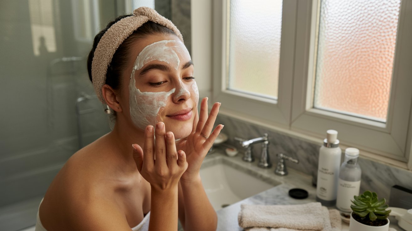A woman wearing a facial mask designed to reduce wrinkles, showcasing a skincare routine for youthful skin.