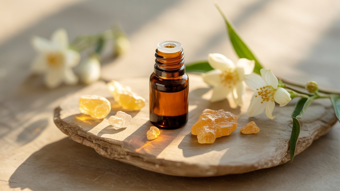 Essential oil bottle labeled 'Frankincense' surrounded by yellow flowers and yellow crystals on a stone surface.