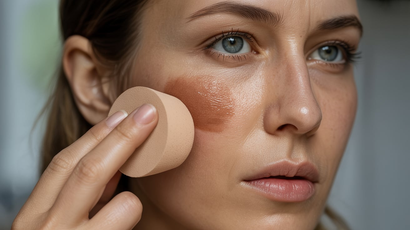 A woman using a powder brush to apply makeup to her face, focusing on achieving an even complexion.