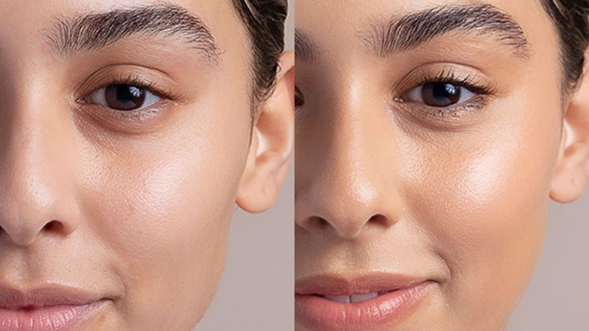 Side-by-side images of a woman's face, showcasing her appearance before and after applying makeup.