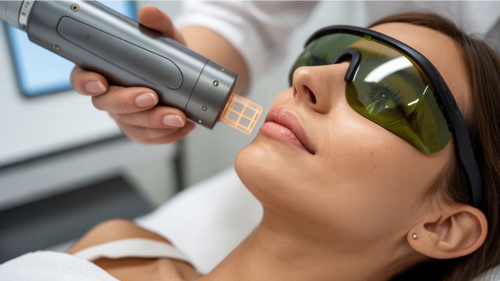 A woman undergoing a laser treatment, sitting comfortably in a treatment room with medical equipment nearby.