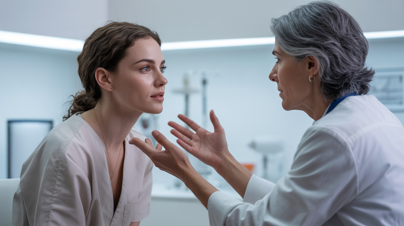 A woman is consulting with a doctor, sharing her health-related questions.