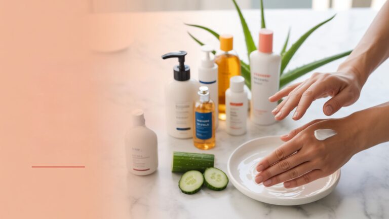 A person washes their hands while using a bottle of lotion for moisturizing.