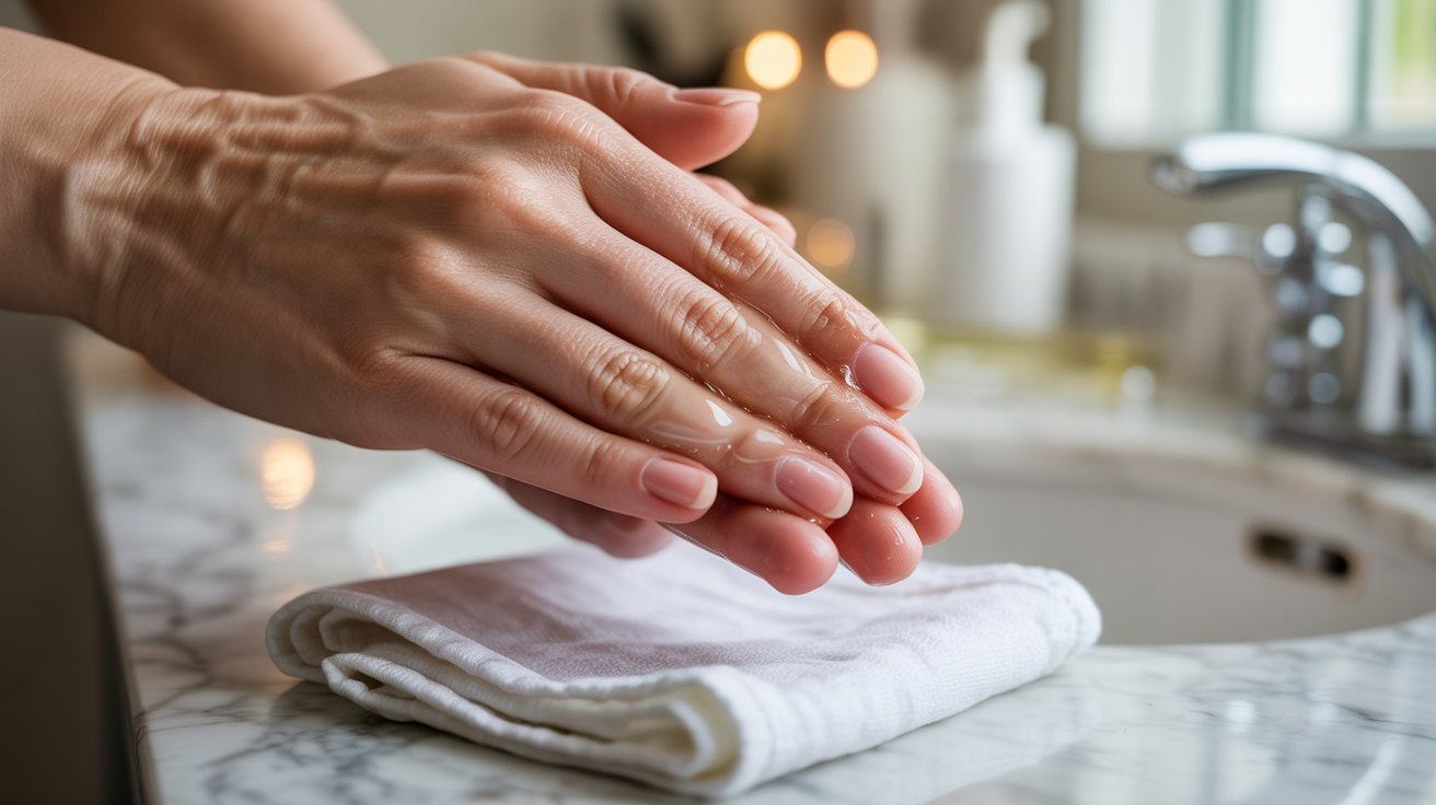A person drying their hands on a towel after washing them in a clean, well-lit environment.