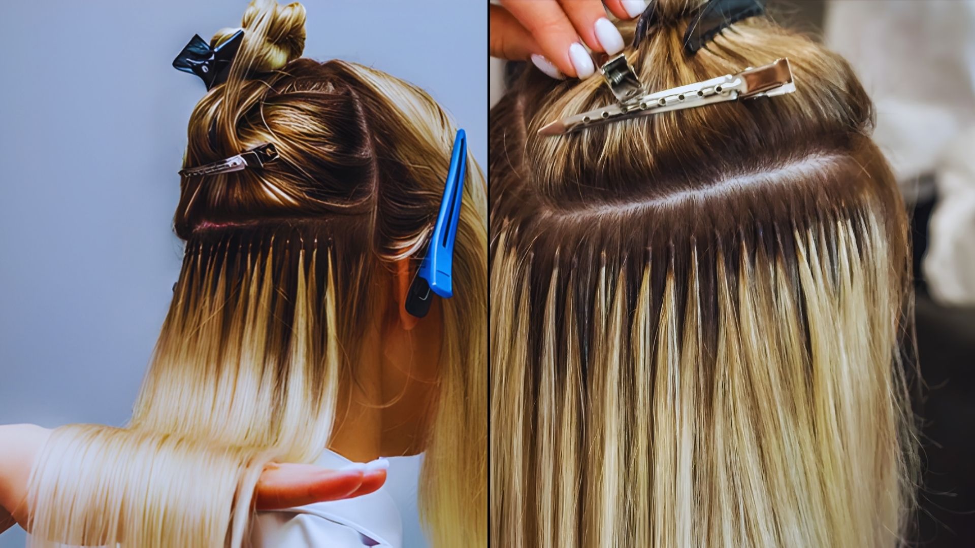 A woman with long blonde hair is having her hair done, highlighting I-tip extensions on the left and K-tip extensions on the right.
