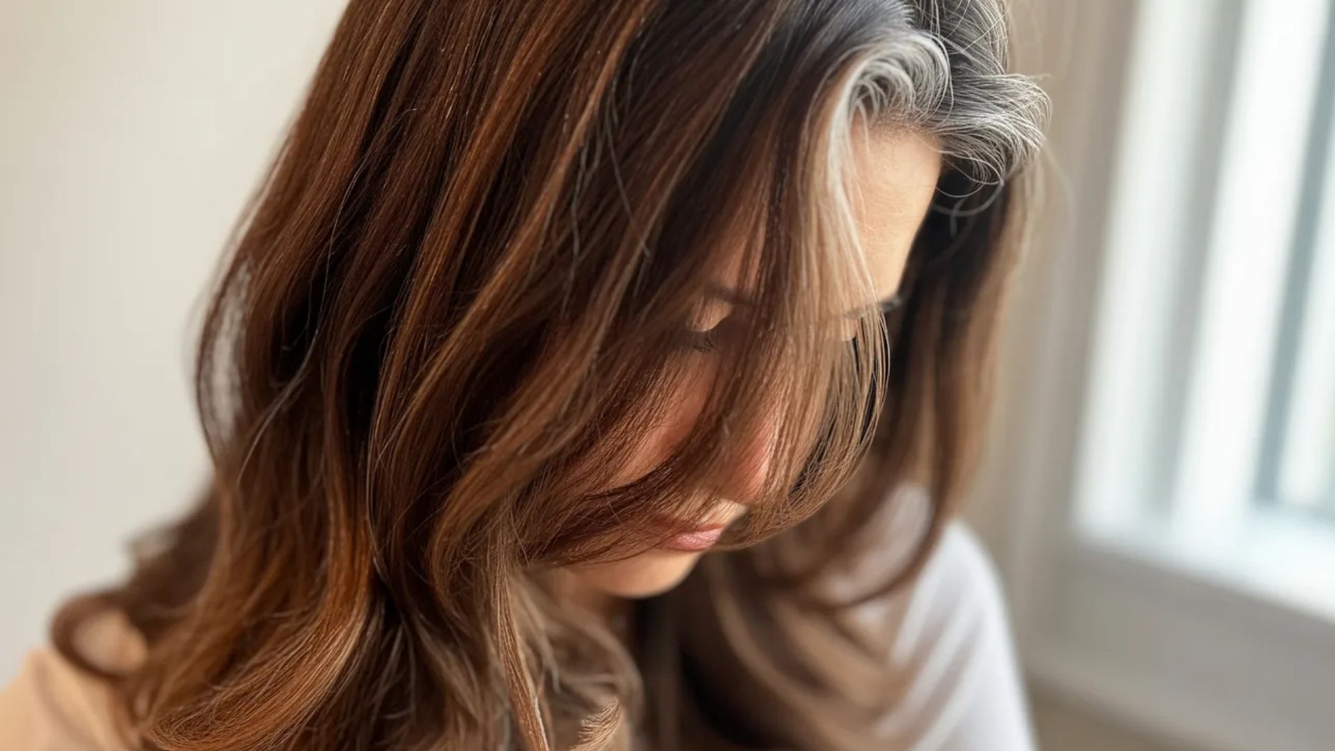 A woman with long, wavy hair gazes downward, her expression thoughtful and serene.