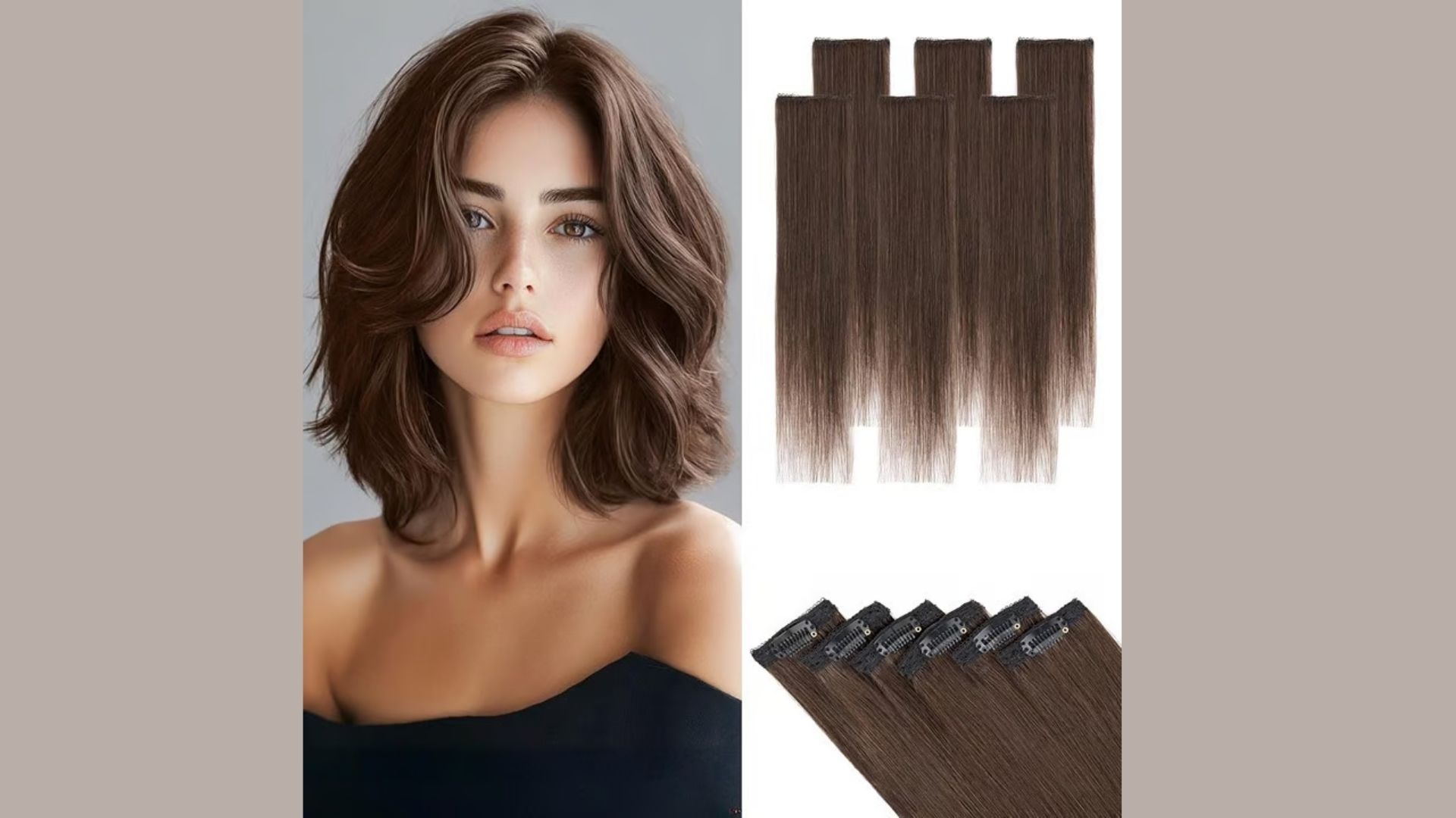 A woman with dark brown hair wearing clip-in hair extensions, showcasing a stylish and voluminous hairstyle.