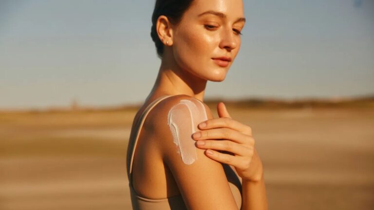 A young woman applies sunscreen to her shoulder outdoors, bathed in golden sunlight, promoting tan prevention in a serene setting.